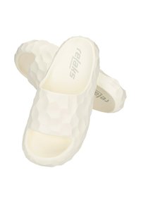 White slip-on clogs with a textured, hexagonal pattern. Made from rubber-like material with a smooth interior and open toe design.