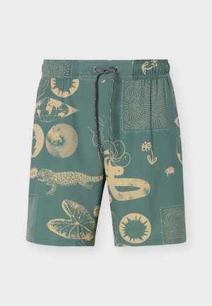 Short vert à cordon avec des imprimés abstraits de la nature beige, incluant un lézard, des feuilles, des fleurs, le soleil et des motifs géométriques.