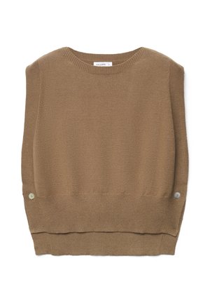 Pull sans manches marron en maille avec un col rond, des bords côtelés et des boutons au bas pour plus de style.