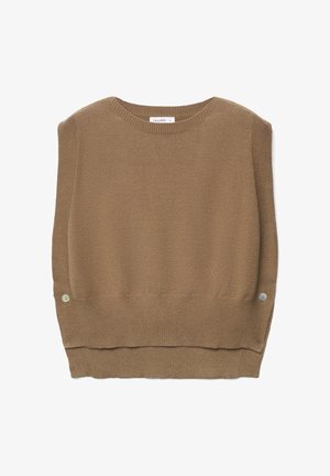Pull sans manches marron en maille avec un col rond, des bords côtelés et des boutons au bas pour plus de style.