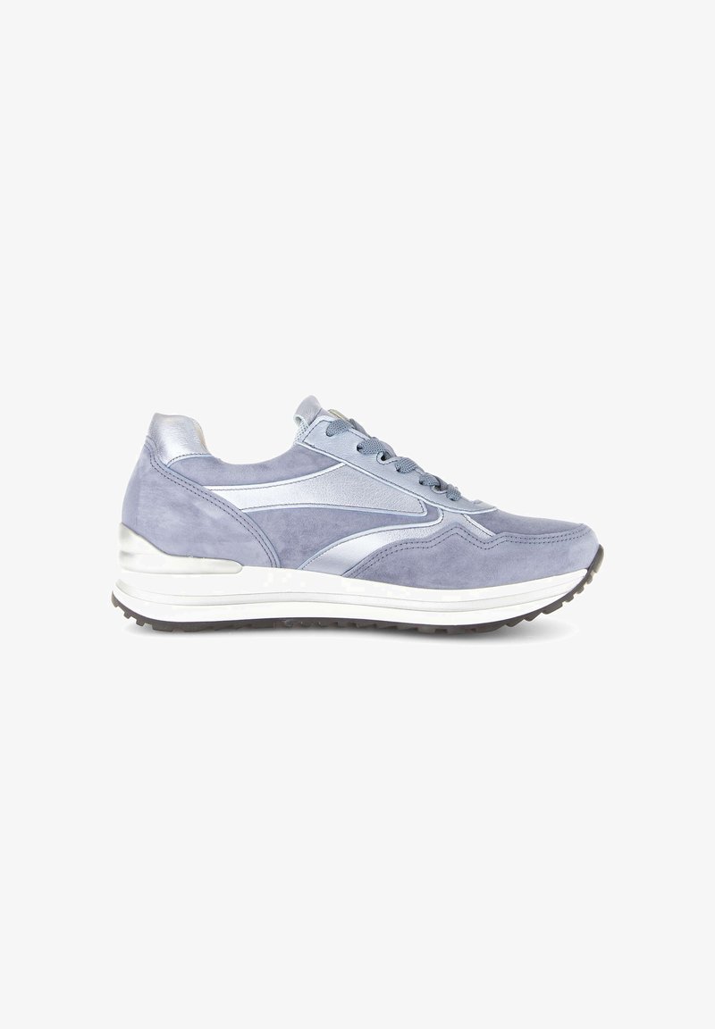 Light blue suede and metallic silver sneaker with white sole and dark tread, shown from the side on a white background.