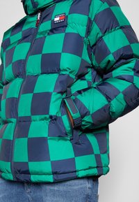 Green and navy checkered puffer jacket with zip closure, side pockets, and logo patch. Thick, quilted texture for insulation.