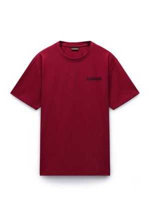 Maroon cotton T-shirt, crew neck, short sleeves, featuring a small black logo on the left chest. Soft texture with a classic fit.