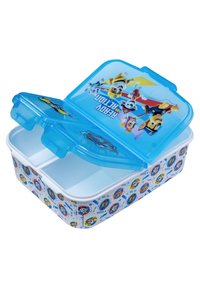 Boîte à lunch en plastique bleu avec un couvercle transparent présentant des personnages d'animaux de dessin animé. Base blanche avec des motifs de personnages ronds multicolores et deux compartiments.