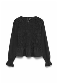 Sort langærmet bluse med smocket overdel, flæsekant og manchetter. Med rund hals og lynlås lukning bagpå. Blødt, tekstureret stof.