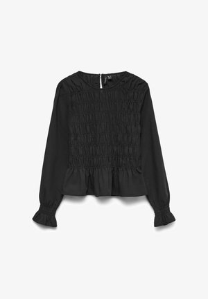 Melnā garroku blūze ar smalki savītu korseti, volānveida apakšu un aprocēm. Ir apaļa kakla izgriezuma daļa un aizmugurējais rāvējslēdzēja aizdari. Mīksts, teksturēts audums.