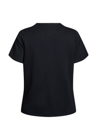 Black short-sleeve t-shirt with a round neckline and slightly loose fit. Smooth texture, no visible patterns or embellishments on the back.