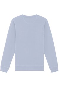 Sweatshirt bleu clair à manches longues avec un col rond, des poignets et un ourlet côtelés. Texture lisse, sans motifs ou graphiques visibles. Vue de dos.