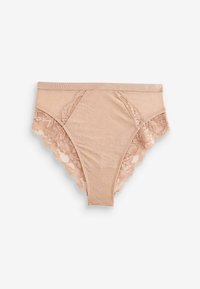 Chilot din dantelă bej cu un model floral, textură moale, margini ondulate și un elastic fin, oferind o acoperire completă.