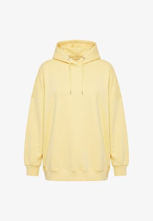 Lysegul oversized hættetrøje med lange ærmer, foran kængurulomme og justerbar snøre i hætten.