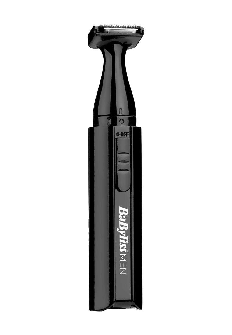 Recortadora negra con un diseño elegante y alargado, que presenta una cuchilla estrecha, botones laterales y la marca "BaByliss MEN" en el mango.