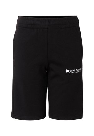 Schwarze Shorts mit elastischem Bund und weißem "bruno banani. NOT FOR EVERYBODY" Schriftzug am linken Oberschenkel, knielang, aus weichem Stoff.