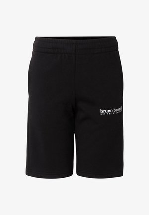 Czarne szorty z elastycznym pasem, z białym napisem "bruno banani. NIE DLA KAŻDEGO" na lewej udzie, do kolan, wykonane z miękkiego materiału.