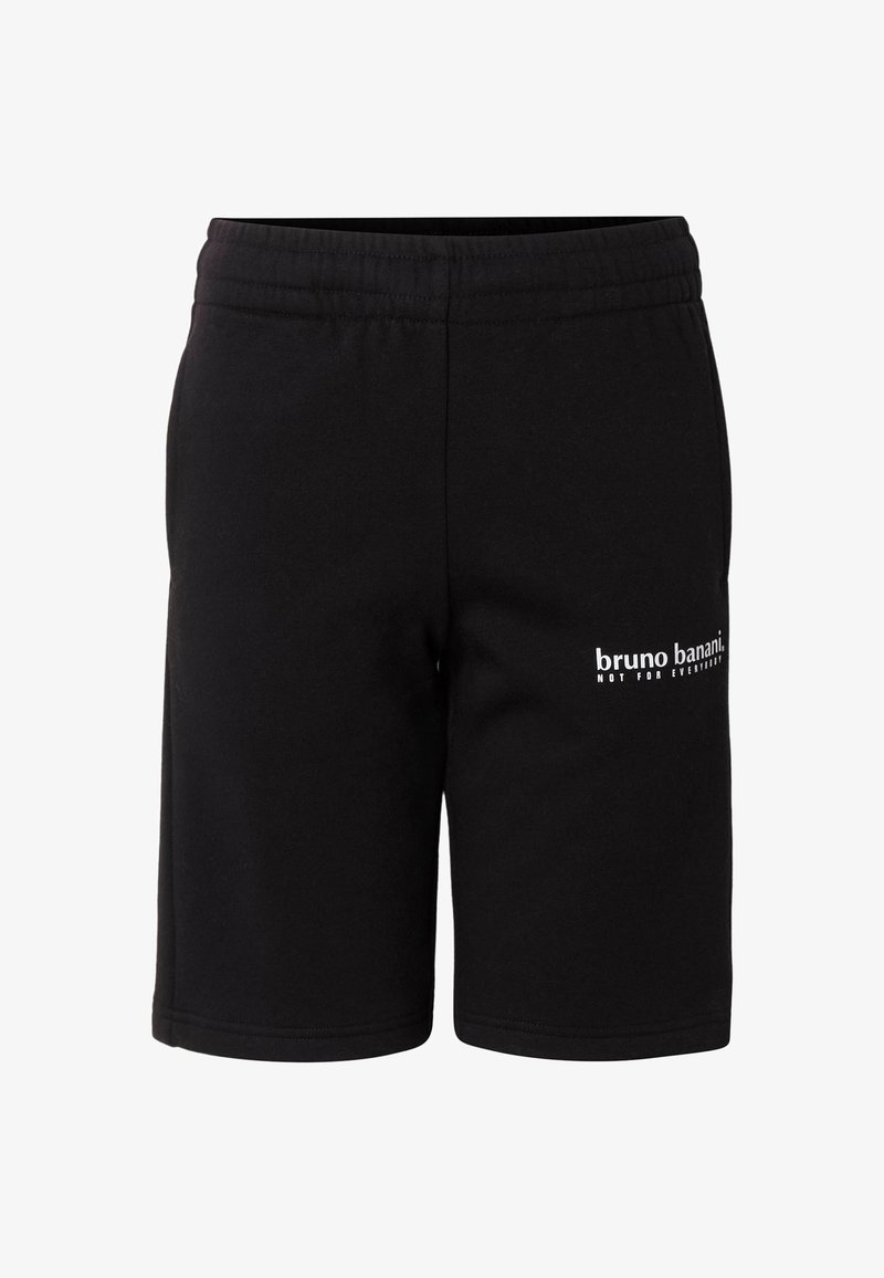 Shorts à taille élastique noire avec texte blanc "bruno banani. NOT FOR EVERYBODY" sur la cuisse gauche, longueur genou, en tissu doux.