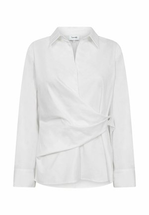 White long-sleeve shirt featuring a wrap design, pointed collar, front pleat details, and a smooth fabric texture.