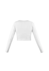 Weißes, langärmliges, cropped Top mit rundem Ausschnitt. Glatte Textur, keine Muster oder sichtbaren Hardwaredetails. Rückansicht dargestellt.