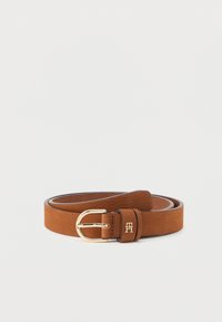 Brown leather belt with a smooth texture, featuring a gold metal buckle and a small embossed logo on the strap.