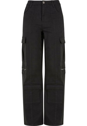 Pantaloni cargo neri in cotone con vita alta, dotati di numerose tasche laterali, dettagli con zip e una vestibilità ampia e rilassata. Design con frontale piatto.