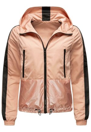 Light pink women's jacket with black vertical stripes on sleeves, front zipper, zippered pockets, elastic cuffs, and adjustable hem toggles.