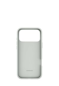 Coque de smartphone vert clair avec une découpe rectangulaire, texture mate lisse, bords arrondis et logo en relief en bas.