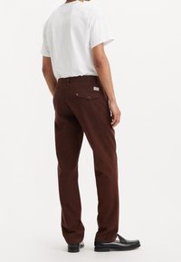 Pantalones marrones de algodón, con un diseño de pierna recta, bolsillos traseros y un detalle en la etiqueta. Combinados con una camisa blanca de manga corta y zapatos negros.