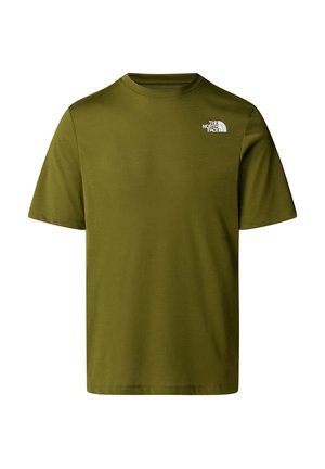 Olive green, short-sleeved t-shirt made of soft fabric; features a small white logo on the upper left chest. Classic crew neckline.