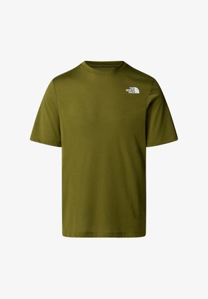 Olive green, short-sleeved t-shirt made of soft fabric; features a small white logo on the upper left chest. Classic crew neckline.