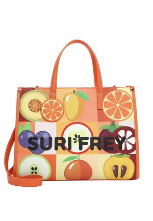 Borsa arancione con illustrazioni di frutti, tra cui mango, kiwi, arancia, mirtilli e mela, con manici corti e tracolla staccabile.
