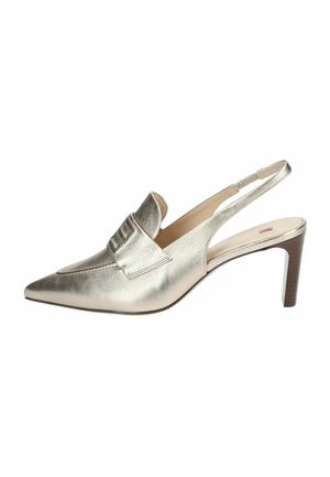 Metallic silver slingback shoe with a pointed toe, featuring a decorative strap and a slender heel. Smooth texture with minimal embellishments.