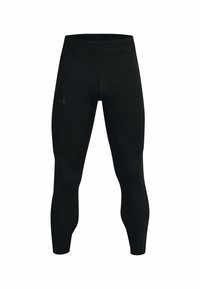 Leggings atletici neri con un design aderente, cintura alta, texture liscia e un piccolo logo stampato vicino all'anca. Finitura in tessuto di qualità.