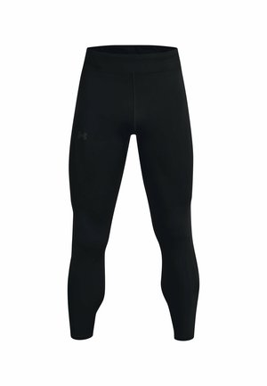 Zwarte sportleggingen met een fitted ontwerp, hoge tailleband, gladde textuur en een klein logo afgedrukt bij de heup. Kwaliteitsafwerking van de stof.