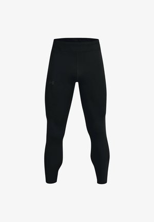 Leggings atletici neri con un design aderente, cintura alta, texture liscia e un piccolo logo stampato vicino all'anca. Finitura in tessuto di qualità.