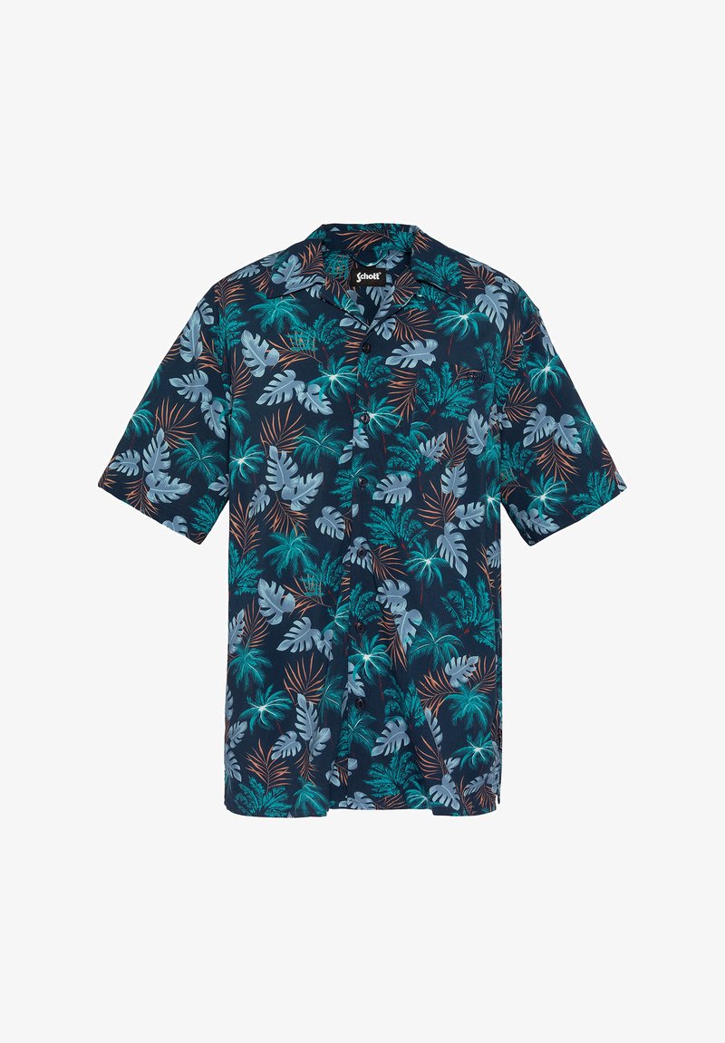 Korte mouwen, knoopsluiting overhemd in marineblauw met groene en grijze botanische bladerenpatronen, met een relaxte pasvorm en zachte stof.