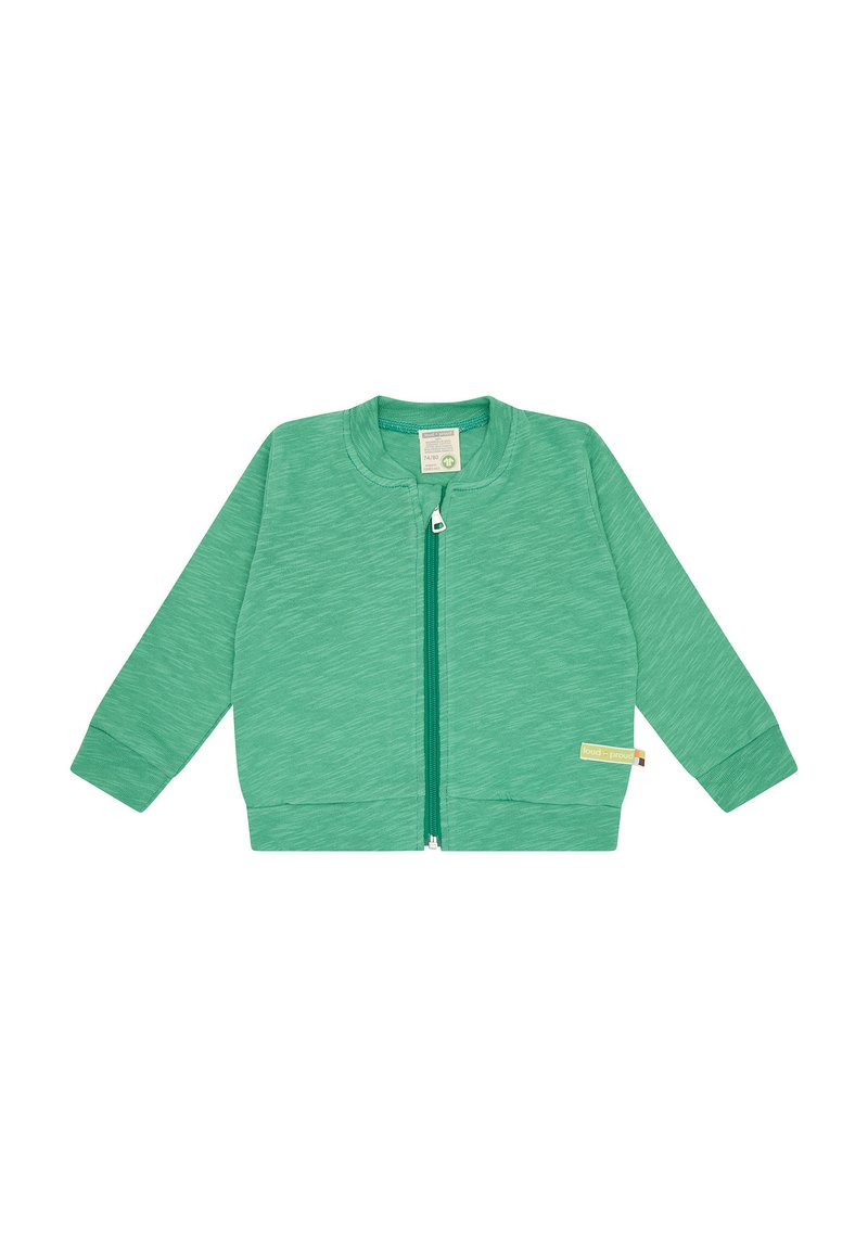 Giacca verde con zip frontale realizzata in tessuto morbido. Caratterizzata da maniche lunghe, colletto arrotondato e un piccolo logo sull'angolo in basso a sinistra.