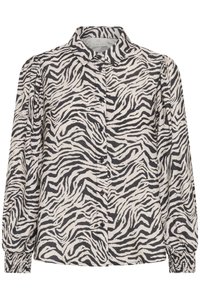 Button-up shirt in beige and black zebra print, featuring long puff sleeves, a collared neck, and elasticated cuffs for fit.