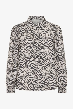 Chemise boutonnée en imprimé zèbre beige et noir, avec de longues manches bouffantes, un col et des poignets élastiques pour un ajustement parfait.