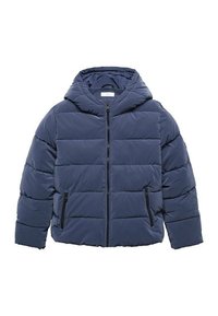 Námorně modrá prošívaná bunda s vodorovným prošíváním, kapucí, předním zipem a dvěma bočními kapsami na zip.