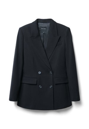 Veste noire croisée en tissu texturé. Dotée de larges revers, de deux poches avant et de six boutons assortis.