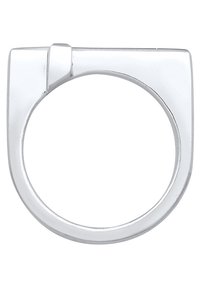 Anello in argento lucido con un design rettangolare unico e una fascia orizzontale stretta, caratterizzato da una superficie liscia e lucente. Nessun dettaglio aggiuntivo.