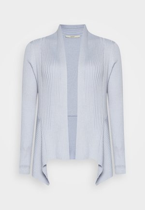 Cardigan en maille côtelée bleu clair, ouvert sur le devant, avec manches longues et ourlet légèrement asymétrique.