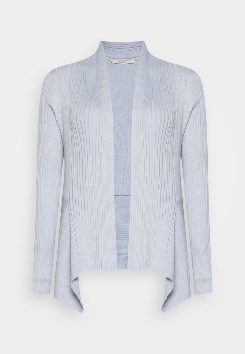 Cardigan en maille côtelée bleu clair, ouvert sur le devant, avec manches longues et ourlet légèrement asymétrique.