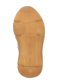 Gummisohle mit einem strukturierten, gewellten Muster. Hat einen kreisförmigen Akzent in der Nähe der Ferse. Überwiegend in hellbrauner Farbe.