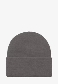 Szara, dziana czapka beanie wykonana z miękkiego materiału. Posiada podwinięty mankiet i prosty, bezszwowy design. Całość ma teksturowane wykończenie.