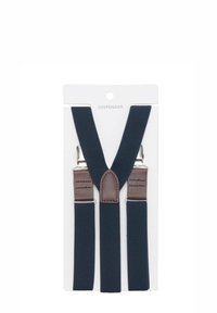 Bretelle elastiche blu navy con accenti in pelle marrone e clip in metallo, disposte a forma di V su una scheda di supporto bianca contrassegnata "Bretelle".