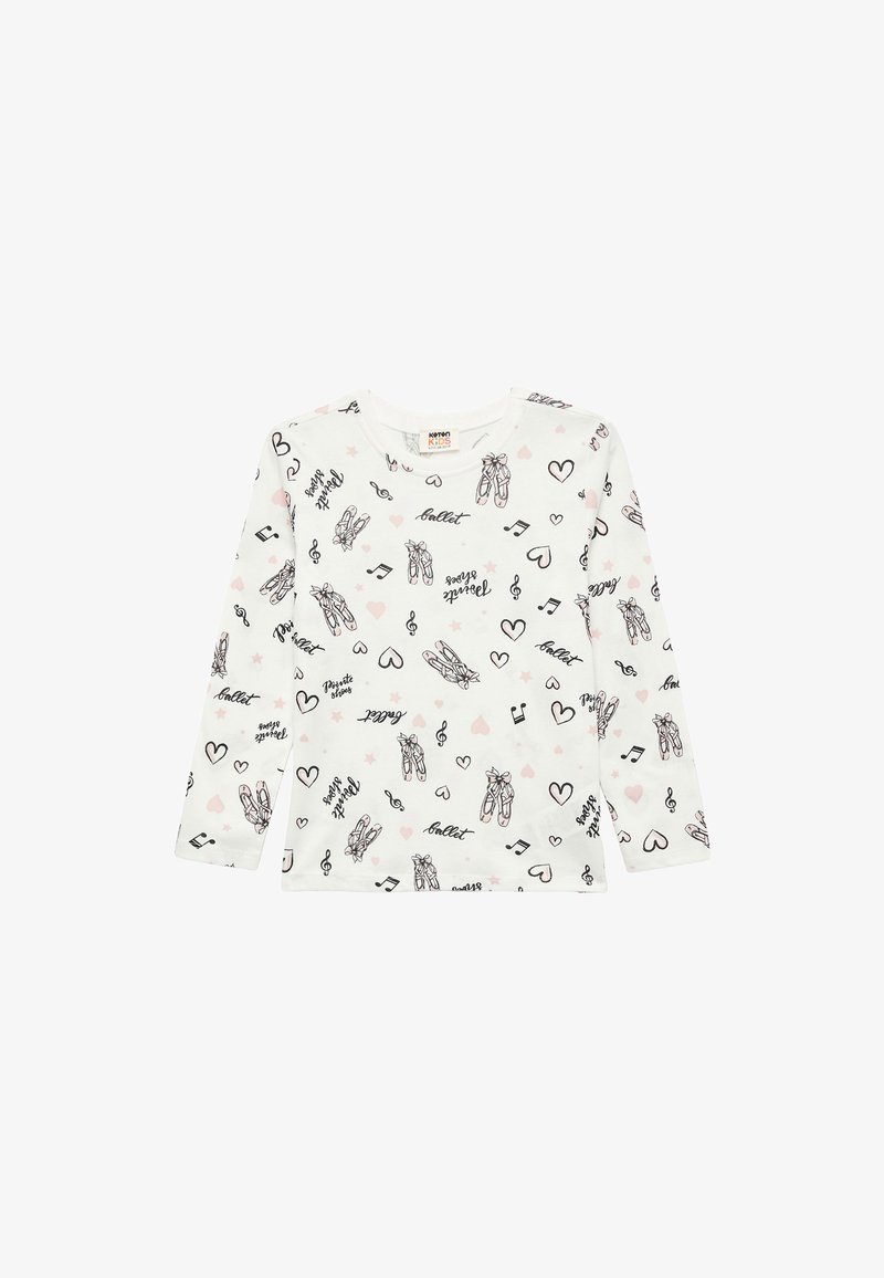 Weißes Langarmshirt mit Druck im Ballett-Thema in Schwarz und Pink, einschließlich Ballettschuhen, musikalischen Noten, Herzen und Textmustern.