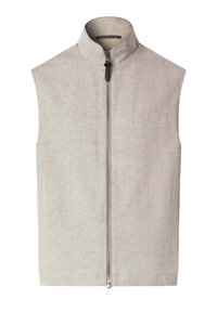 Veste sans manches beige avec col montant et fermeture éclair argentée pleine longueur, avec des poches latérales discrètes et un détail minimaliste sur la poitrine.