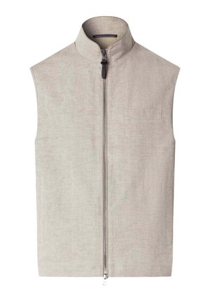 Chaleco beige sin mangas con cuello alto y cierre de cremallera plateada de largo completo, con discretos bolsillos laterales y un detalle minimalista en el pecho.