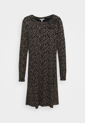 Zwarte jurk met lange mouwen, kleine beige bloemenprint en een gestrikte strikdetail op de linkerschouder, knielengte, rechte snit.