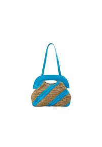 Borsa in paglia intrecciata con vivaci dettagli in pelle blu. Presenta strisce blu diagonali e una parte superiore strutturata con due manici per le spalle.