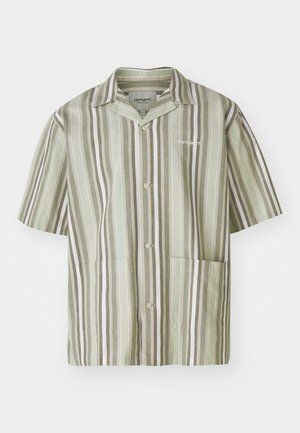 Short-sleeve button-up shirt in light green with vertical stripes in dark green and white. Features two front pockets and a lapel collar.